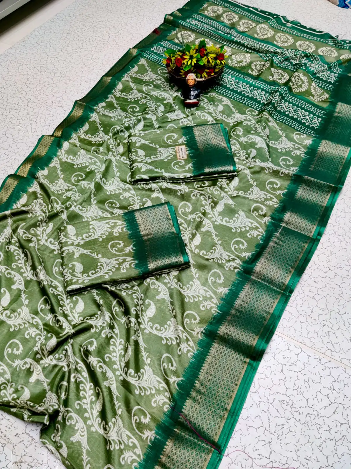 Cream Paisley Scroll Jaal Print Zari Semi Silk Saree